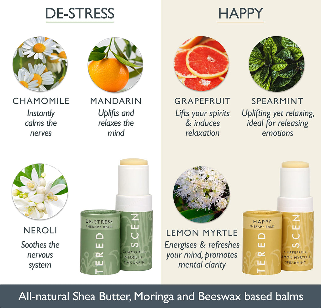 Scentered DE-Stress & Happy Aromatherapy Essential Oils Balm Gift Set - for Relaxation & Gratitude - All-Natural Blends of Rosemary, Cedarwood, Lemon, Grapefruit