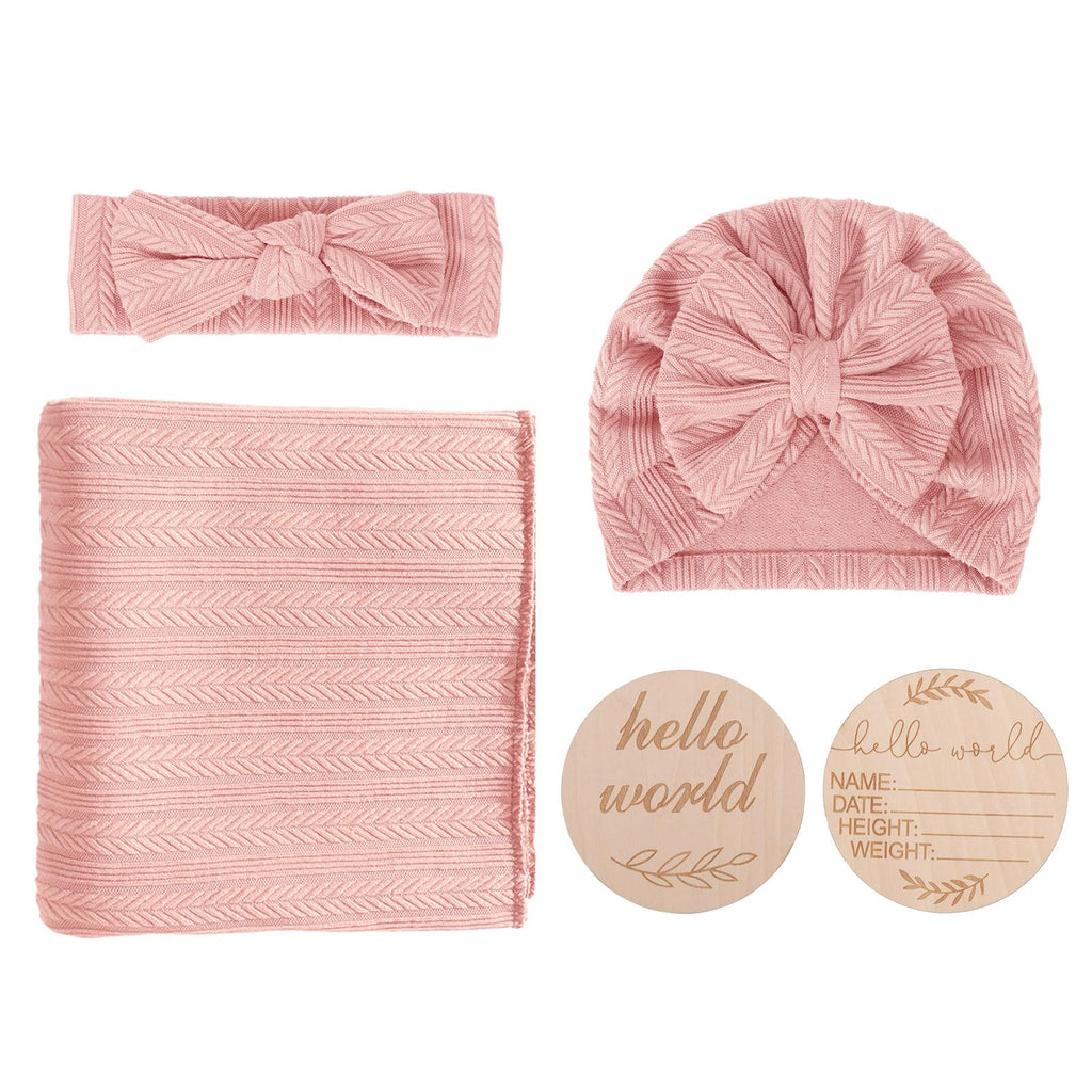 DRESHOW BQUBO Baby Swaddle Blankets for Girls, 4PCS Newborn Accessories Set with Matching Hat and Bow Headband with Card