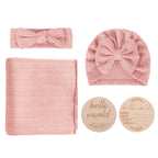 DRESHOW BQUBO Baby Swaddle Blankets for Girls, 4PCS Newborn Accessories Set with Matching Hat and Bow Headband with Card
