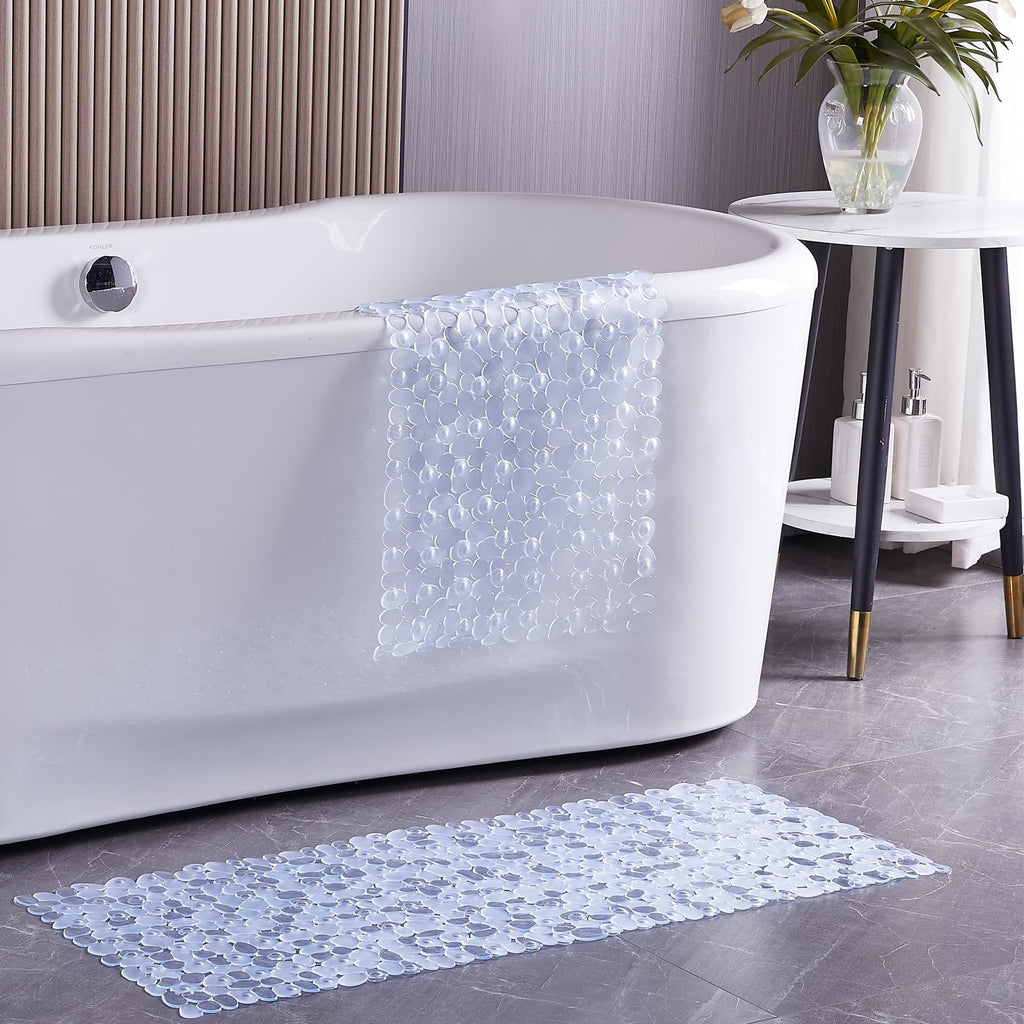 Webos Bath Shower Mat Non Slip: Extra Large Pebble Bathtub mat for Kids, Elderly, Anti Slip Shower Matt with Drain Holes Suction Cups Tub Mat - 16 X 40 Inch Clear