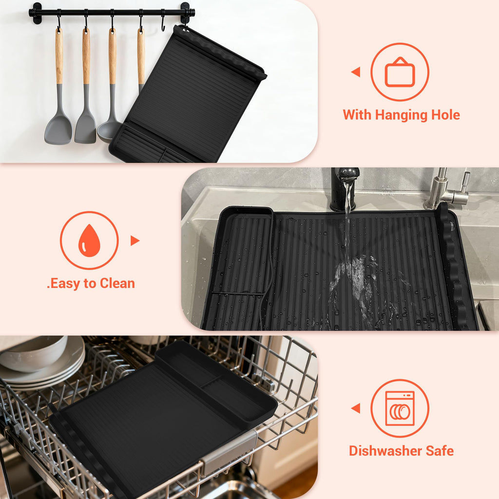WZGUSXN 2Pack Silicone Grill Mat for Blackstone - 16x11.5 Inch Non-Slip Tool Mat with Sauce Drip Pad & Wavy Grip, Outdoor BBQ Accessories & Gifts for Men, Dad, Grilling (Black)