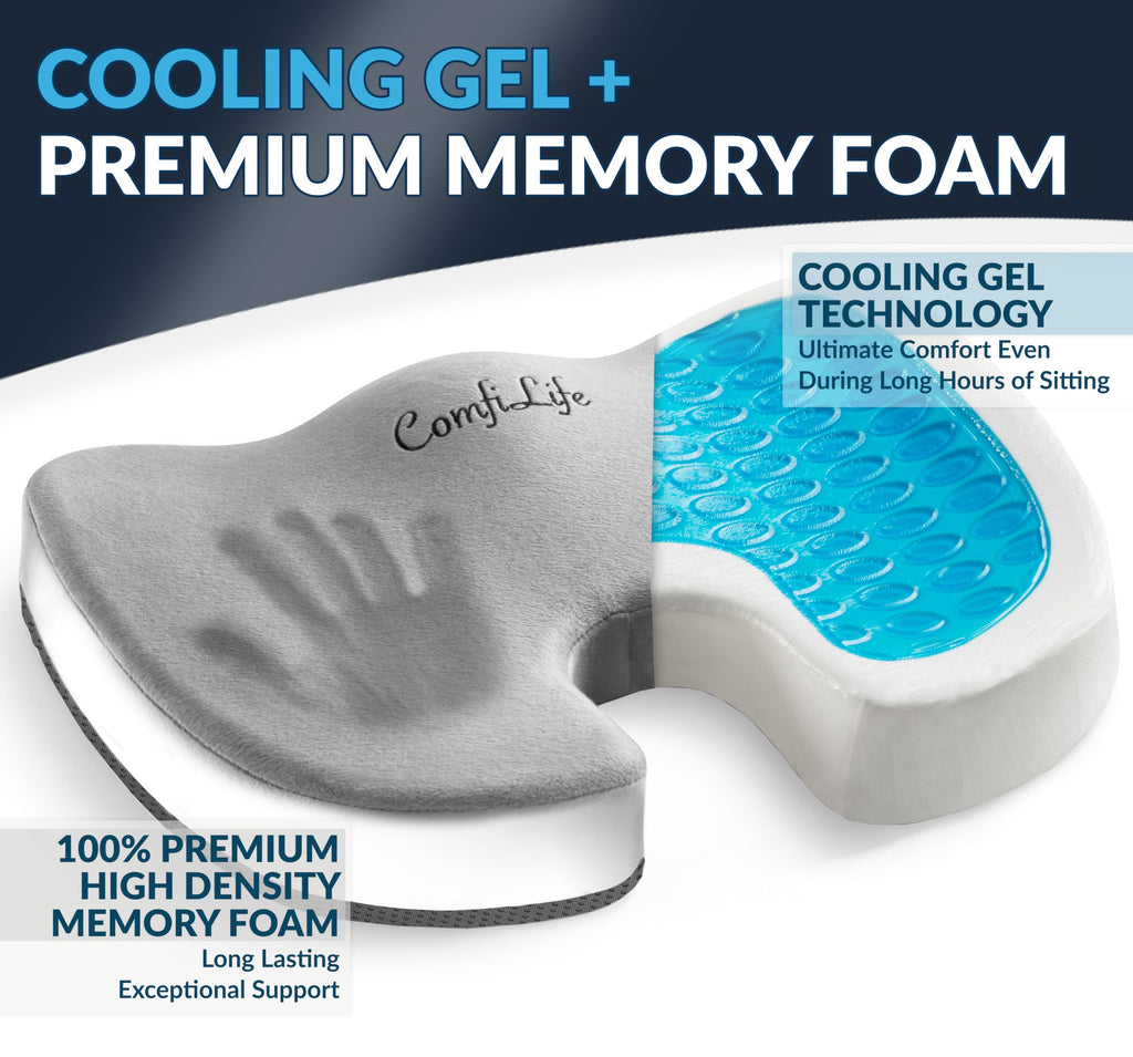 ComfiLife Gel Enhanced Seat Cushion – Office Chair Cushion – Non-Slip Gel & Memory Foam Coccyx Cushion for Tailbone Pain - Desk Chair Car Seat Cushions Driving - Sciatica & Back Pain Relief (Gray)