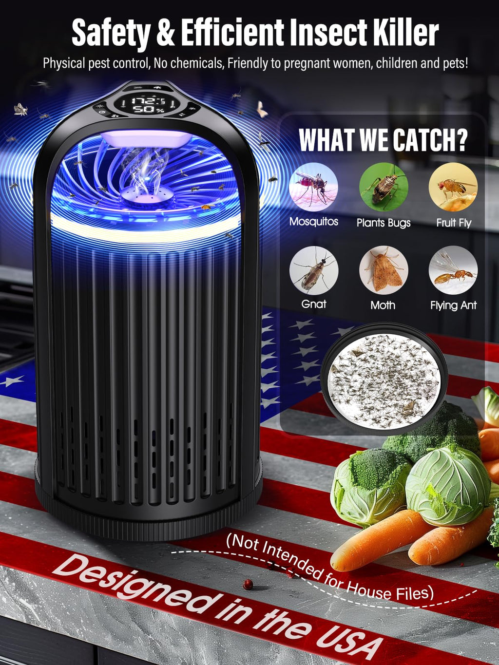Fly Trap Indoor - Fruit Fly Traps for Indoors, Gnat Traps for House Indoor with 3-in-1 Multi-Insect Catching + UV&Blue Light + Fan Suction, Ideal for Garage/Kitchen/Patio/Plant Pots, 10 Refills, Black