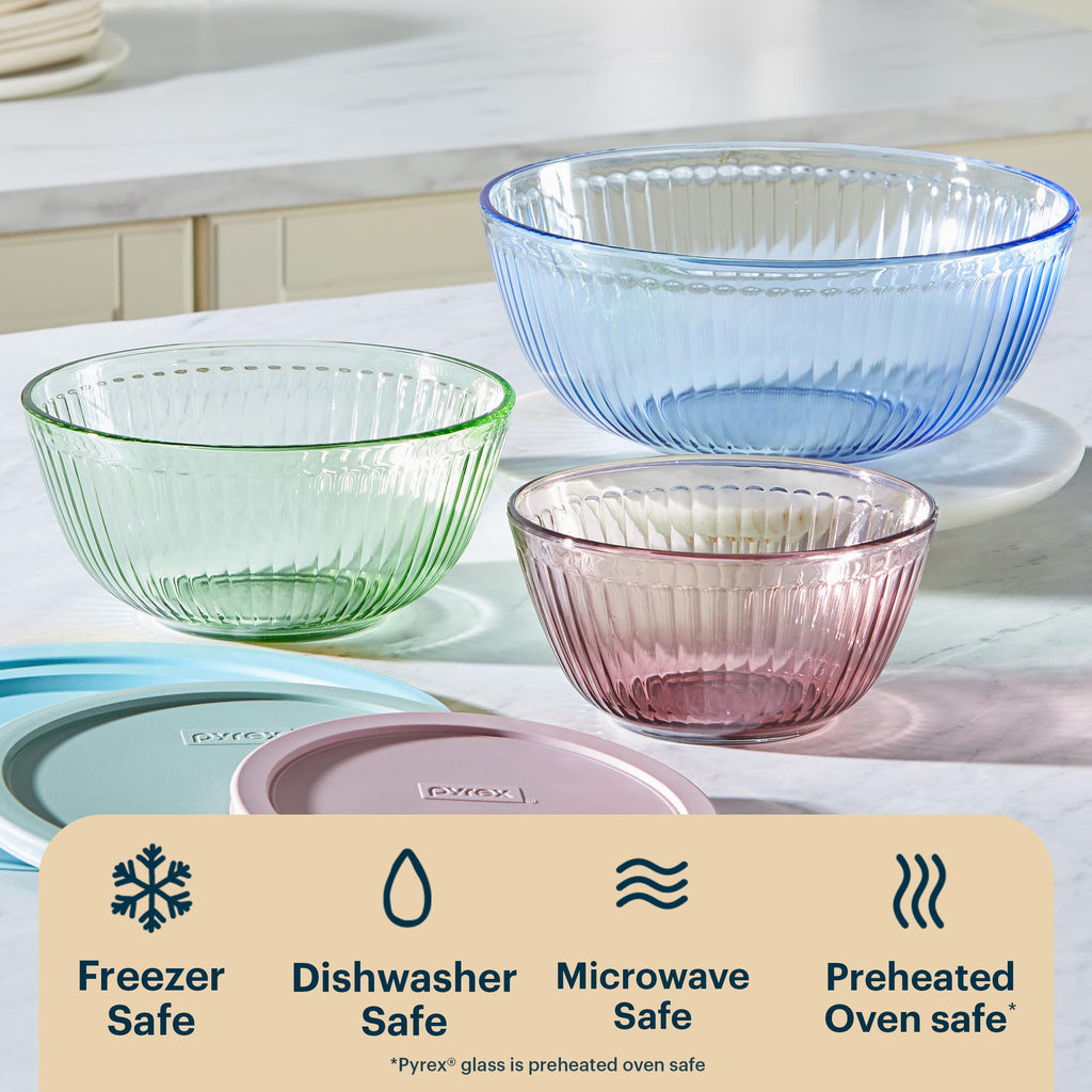 Pyrex Colors Tinted (3-Pack) Sculpted Tinted Unlidded Small/Medium/Large Glass Mixing Bowls, Nesting Space Saving Set of Bowls For Prepping and Baking, 1.3QT, 2.3QT & 4.5QT