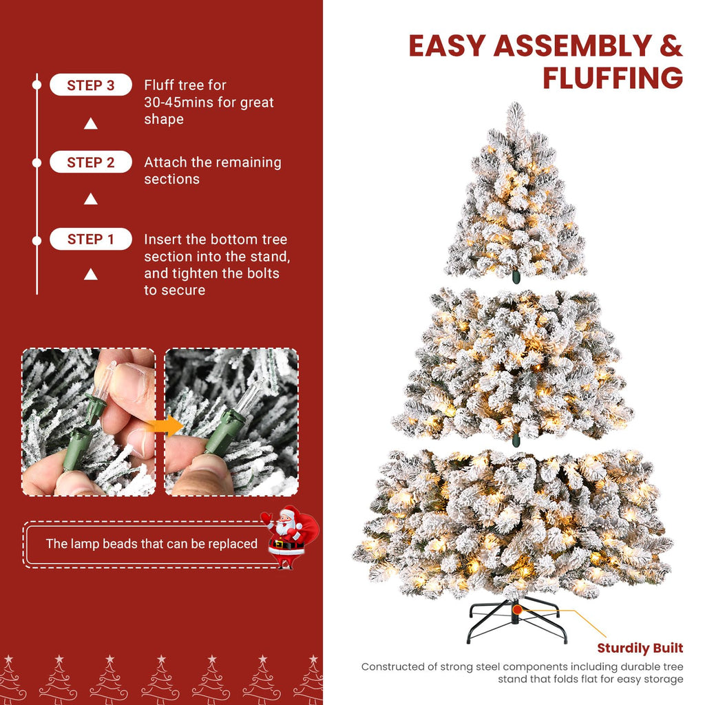 SHareconn 7.5ft Prelit Snow Flocked Spruce Artificial Christmas Tree with 350 Incandescent Warm White Lights, Foldable Stand, Snow Flocked Full Prelighted Xmas Tree W/1170 Branch Tips, 7.5 FT, White