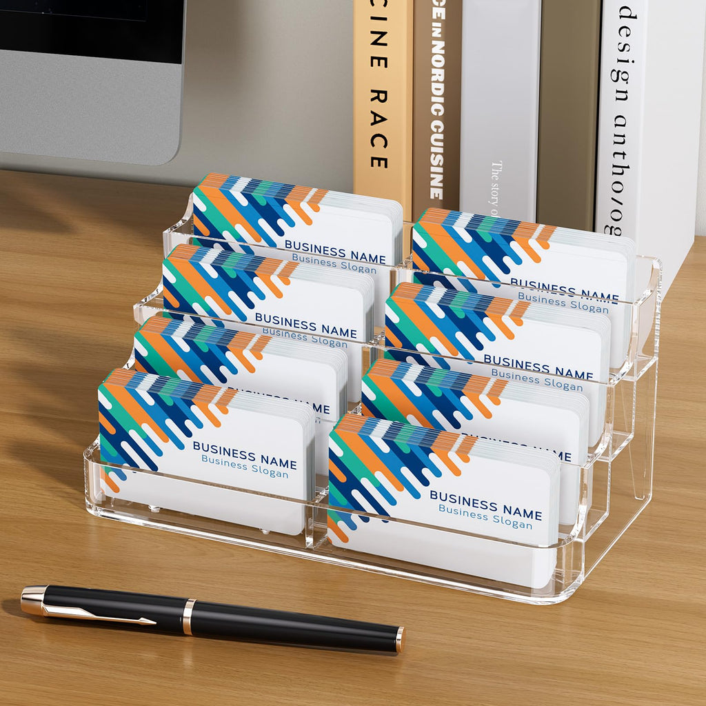Acrylic Business Card Holder for Desk, Clear Desktop Business Card Display Stand with 8 Pockets, 4-Tier Freestanding Card Organizer for Office, Reception, Countertop