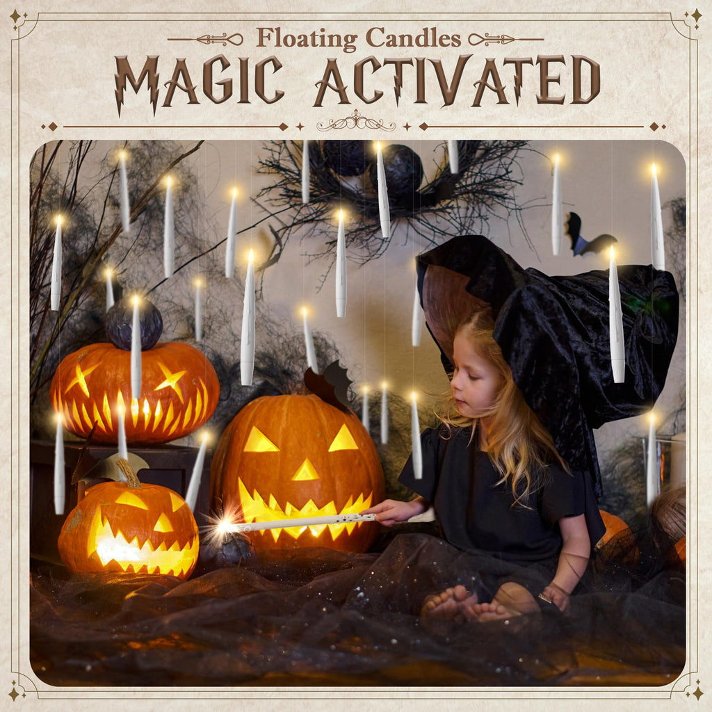 JOIONE Floating Candles with Wand, 20 Pack Halloween Flameless Candles Magic Hanging Taper Candles with 2 Wand Remotes, Battery Operated Candles for Halloween Christmas Birthday Party Decor White