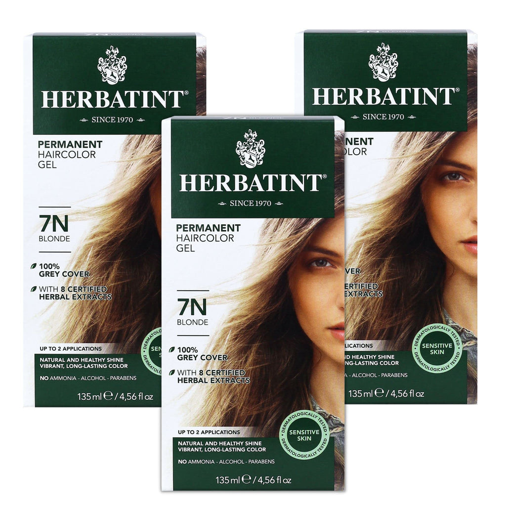 Herbatint Permanent Haircolor Gel, 7N Blonde, Alcohol Free, Vegan, 100% Grey Coverage - 4.56 oz (3 Pack)