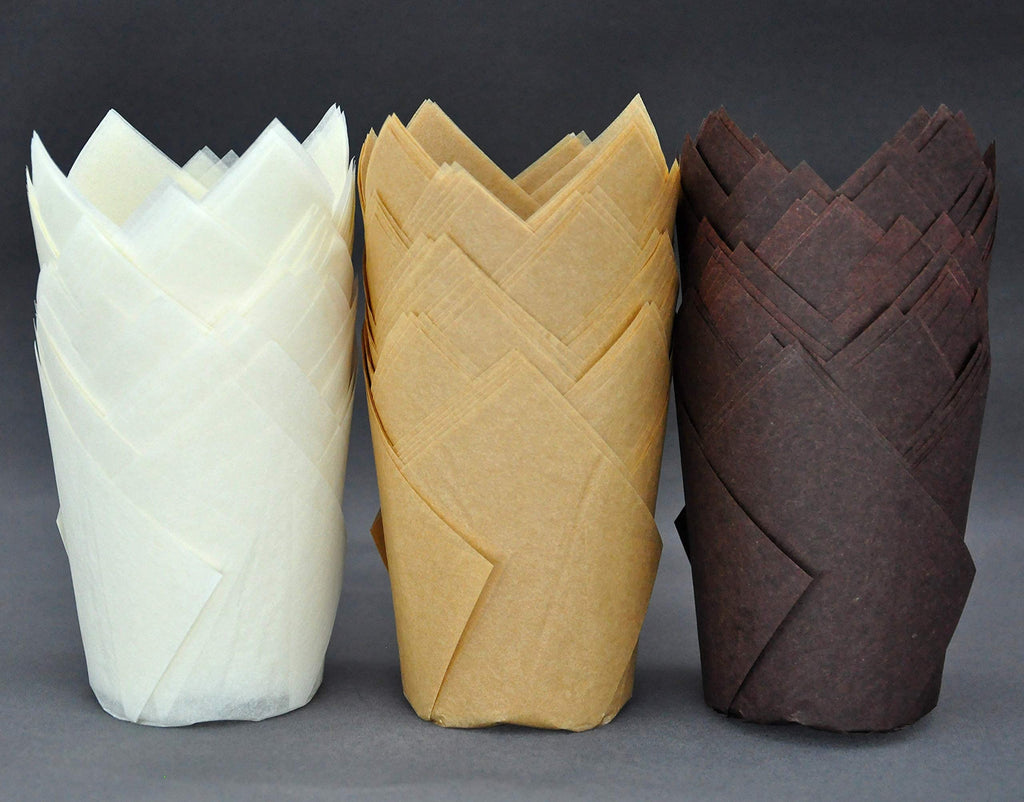 QLSmypkg Large Greaseproof paper Wrappers Muffin Baking cupcake cups liners, 2-1/4" x 4" Natural,Brown,White 3 colours in a box Tulip Baking Cups Holders 125 pcs (Large) (125, Multi 3)