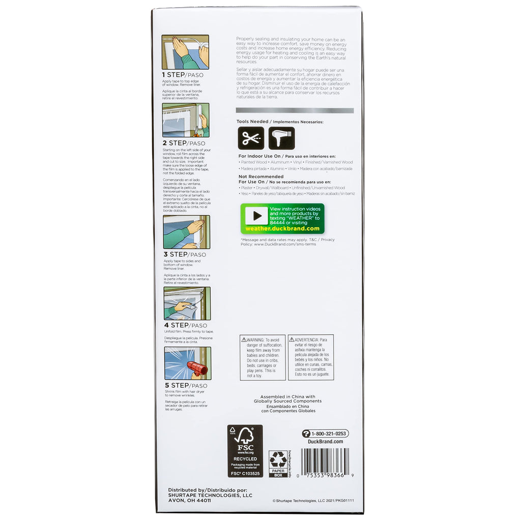 Duck MAX Strength Window Insulation Kit, Winter Window Seal Kit Fits Patio Doors & Large Windows, Heavy Duty Shrink Film Insulator, Indoor Installation, Window Tape Included, 84" x 120", Clear, 1 Pack