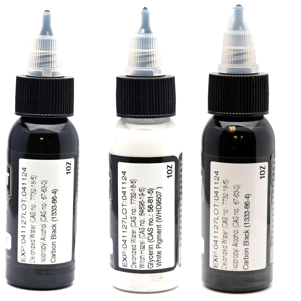 Element Tattoo Supply - Shading 3 Stage Grey Wash - Black and White Tattoo Ink - Light - Medium - Dark - Shades (5) 1oz Bottles