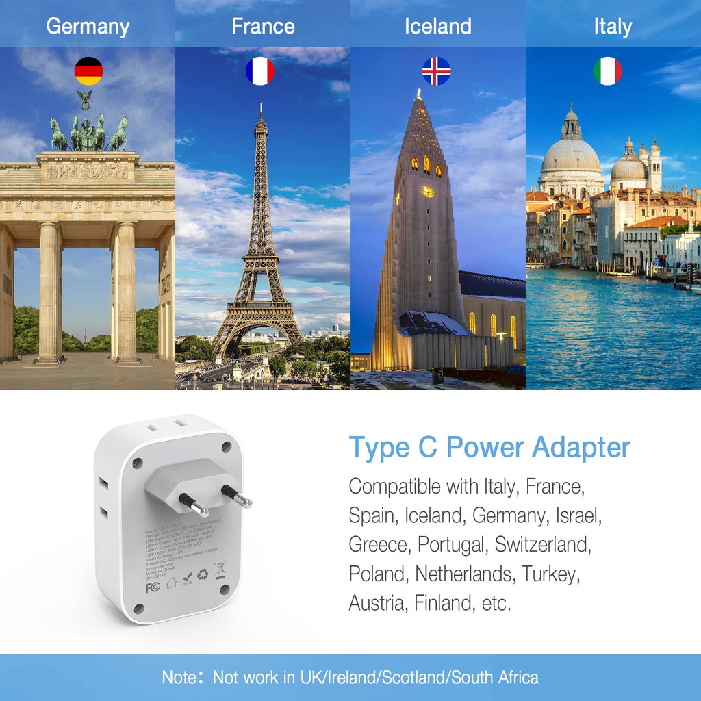2 Pack European Plug Adapter USB C, TESSAN US to Europe Plug Adapter with 4 Outlets 3 USB Charger, Type C Power Adaptor to Italy Spain France Portugal Iceland Germany, Gray White