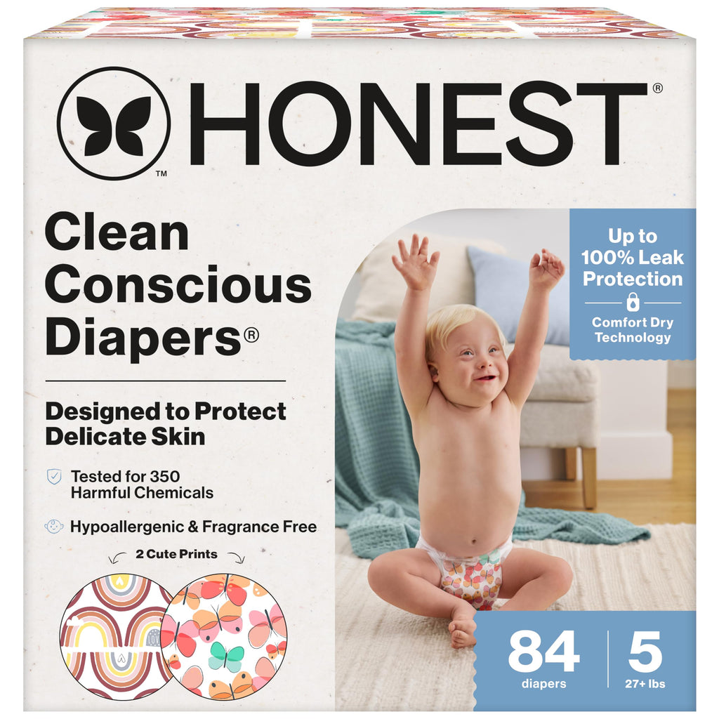 The Honest Company Comfort Dry Disposable Daytime Diapers, Hypoallergenic, Fragrance-Free, Sensitive Skin, Wingin' It + Catching Rainbows, Super Club Box Size 5 (27+ lbs), 84 Count