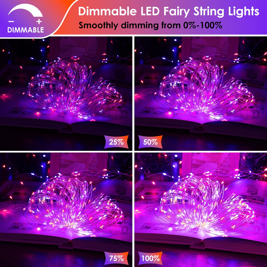 Mlambert 3 Pack 33FT Fairy Lights Battery Operated with Remote and Timer, Dimmable Waterproof 8 Modes Lights for Halloween Christmas-Orange/Purple