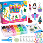 Funtopia Beads for Crafts, Pony Beads Keychain Making Kit, Bead Pets Art Crafts for Kids Beginners, Birthday Party DIY Craft for Girls Boys (1500 Bead, 30 Designs)
