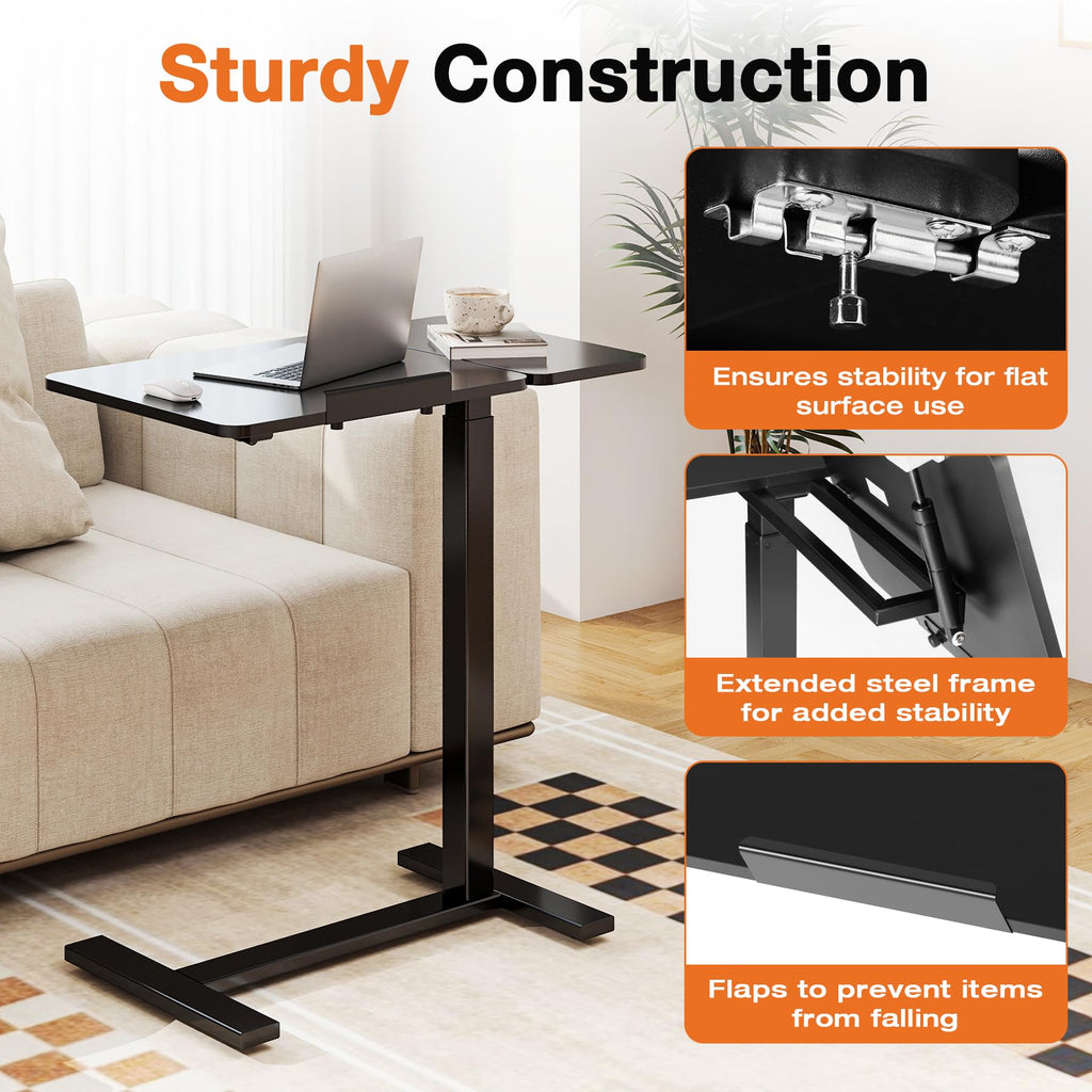 Sweetcrispy Overbed Bedside Table, Mobile Standing Desk Adjustable Height, Small Rolling Laptop Computer with Wheels, Tiltable Desktop with Tray for Hospital Office Bedroom Sofa Teachers, Black