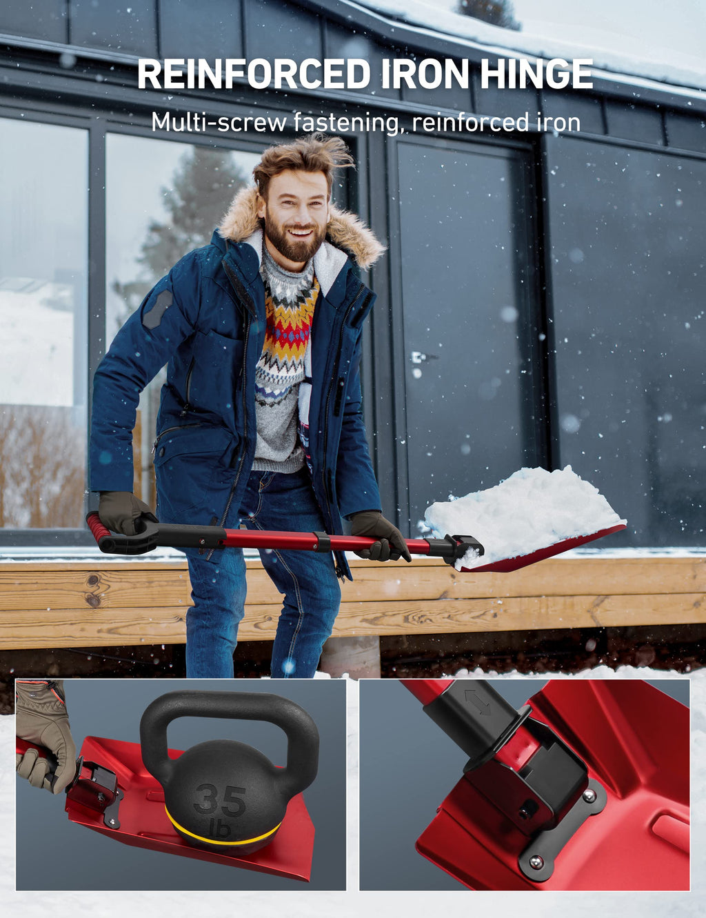 AstroAI 39" Folding Snow Shovel for Car, Extendable Snow Shovel with Thickened Aluminum Handle and Reinforced Iron Hinge, Portable and Multifunctional for Cars, Snowmobiles, Camping and Mud, Red