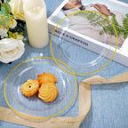 DaYammi 240 Pcs Gold Dessert Plates Set Includes 120 Gold Disposable Salad Plates 6.5" 120 Gold Plastic Forks 5.7",Clear Gold Rim Cake Plates,Fancy Gold Appetizer Plates for Party and Wedding