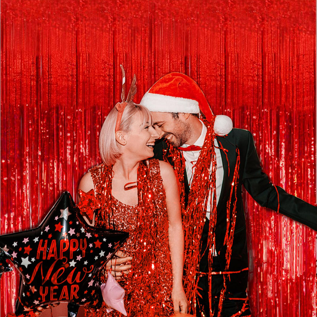 5 Pack Red Streamers Party Backdrop Christmas Decorations Foil Fringe Backdrop Curtains Carnival Casino Theme Birthday New Year Holiday Celebration Bachelorette Party Decorations Supplies