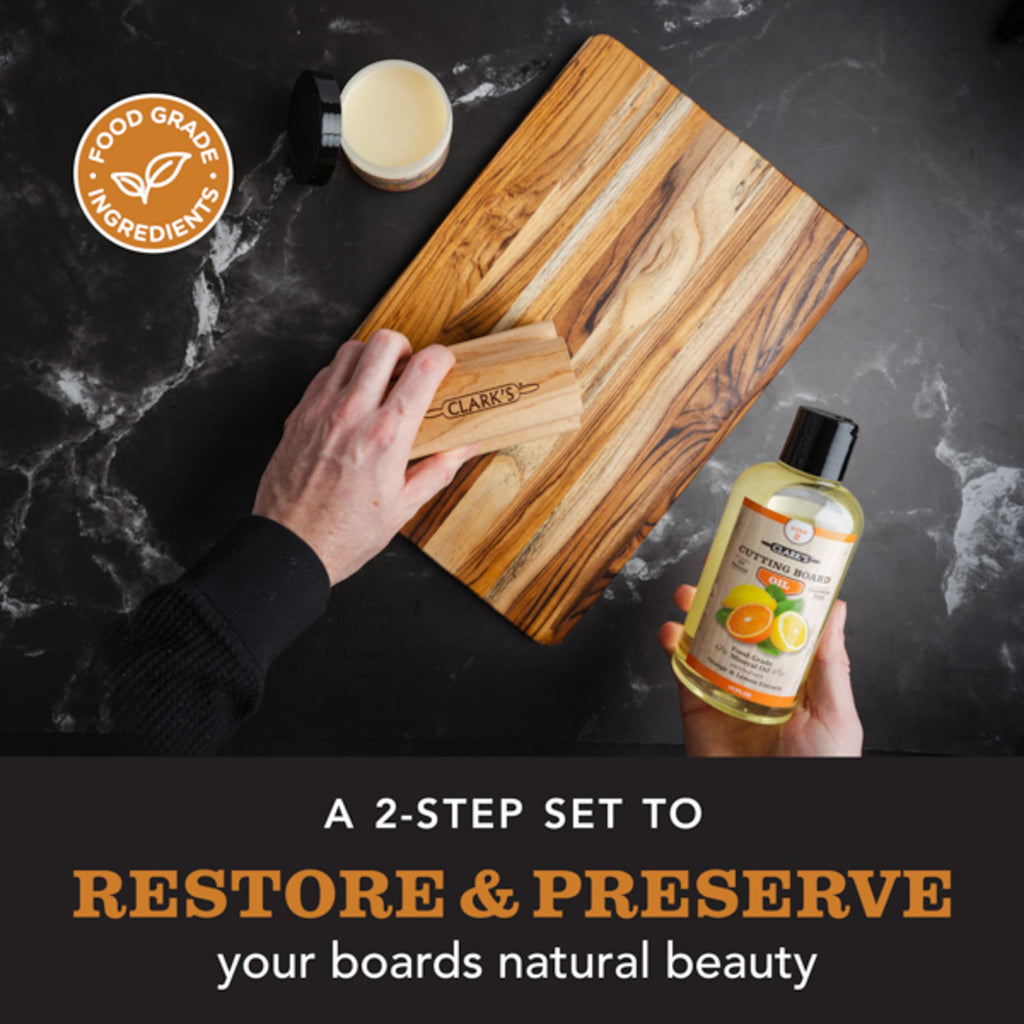 CLARK'S Bamboo Cutting Board Care Kit, Includes Mineral Oil (12oz) and Carnauba Beeswax (6oz) Enriched with Orange & Lemon Extract, Bamboo Cutting Board Oil Food Grade, Cutting Board Wax Bamboo