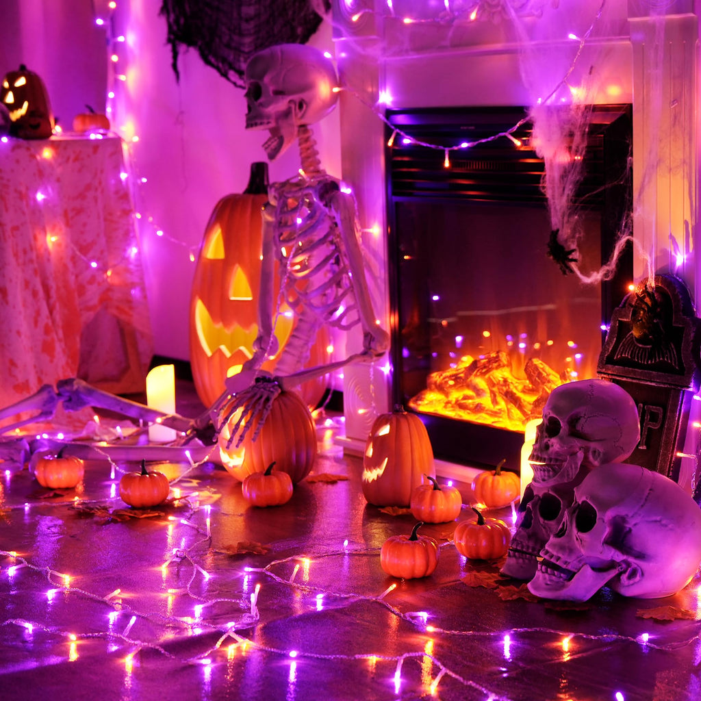 JMEXSUSS 33 FT 100 LED Halloween String Lights Indoor, Orange and Purple Halloween Lights Clear Wire, 8 Modes Outdoor Waterproof Christmas String Lights Plug in for Halloween Decorations Christmas