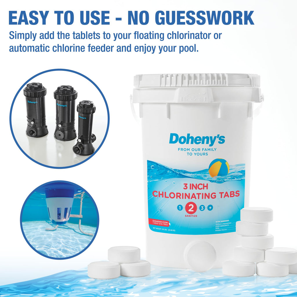 Doheny’s 3-Inch Stabilized Chlorine Tablets for Sanitizing Swimming Pools | 99% Pure Tri-Chlor, 90% Available Chlorine | Long-Lasting, UV-Protected, Slow-Dissolving | Individually Wrapped 10lb Bucket