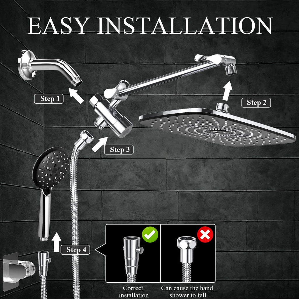 Veken 11.8 Inch Rectangle High Pressure Rain Shower Head Combo with Extension Arm- Wide Showerhead with 5 Handheld Water Spray - Adjustable Dual Showerhead with Anti-Clog Nozzles - Silver Chrome