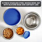 Viking Mixing Bowls Set, 10 Piece Stainless Steel Kitchen Cookware, Non-Slip Silicone Base, Includes Tight Fit Lids, Dishwasher Safe, Teal
