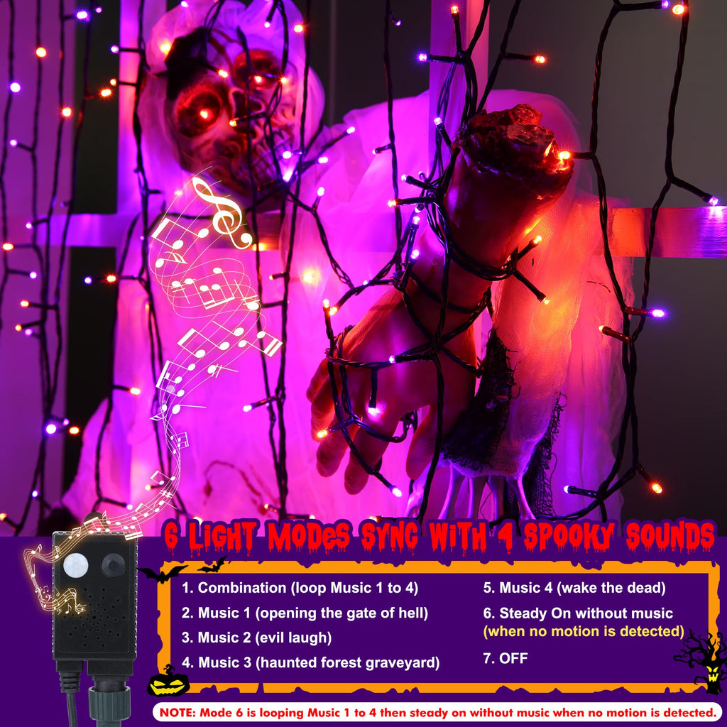 Toodour Halloween Lights Outdoor, 82FT 200 LED Halloween String Lights with Spooky Music Waterproof, Plug in Motion Sensor Orange & Purple String Light for Yard Bedroom Home Party Tree Halloween Decor