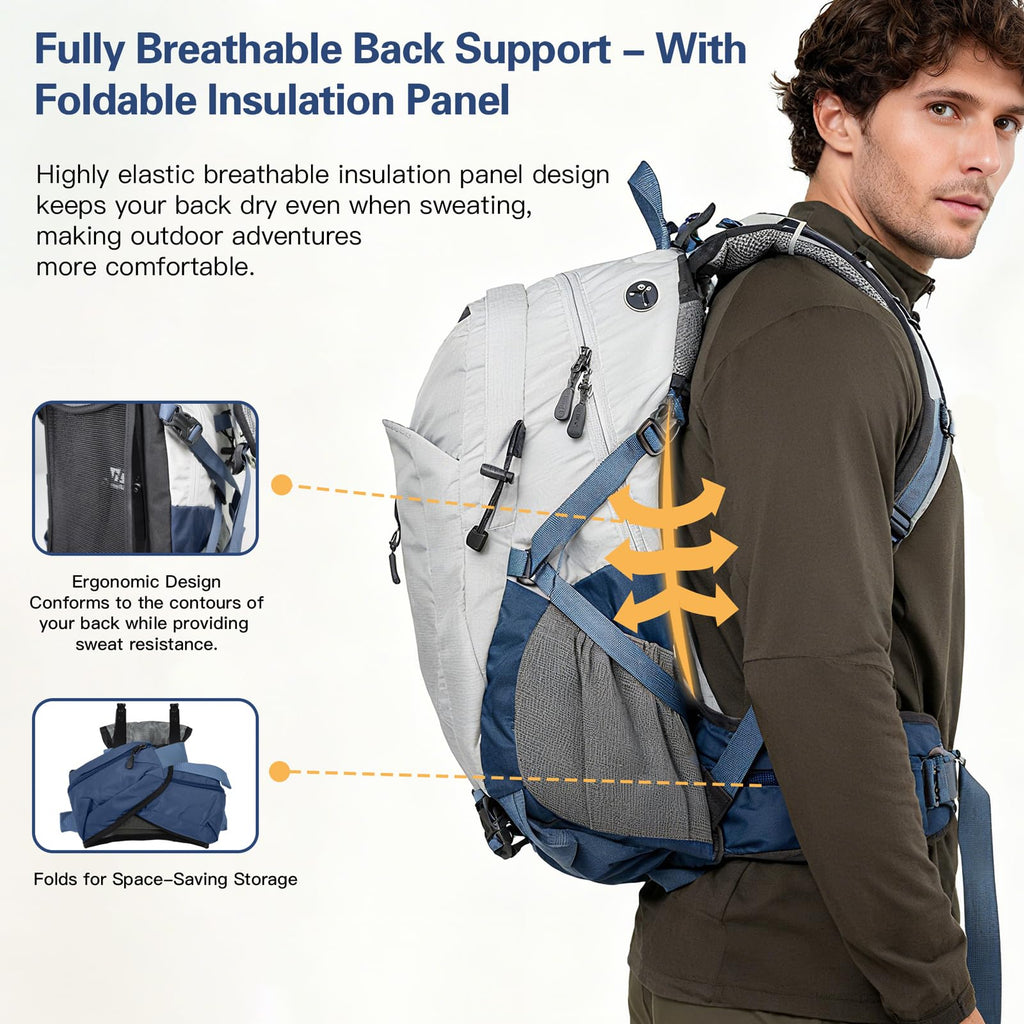 Hiking Backpack, 40L Waterproof Camping Backpack with Packable Back Panel & Rain Cover, Men Women Rucking Backpacking Backpack Outdoor Sport Lightweight Travel Daypack for (Grey)