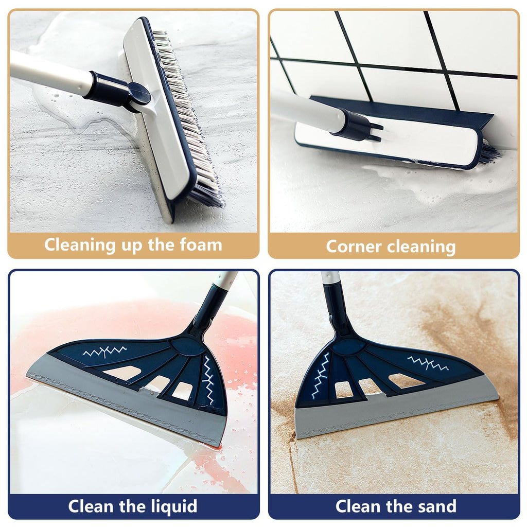Heilo Magic Broom Sweeper Household Silicone Broom, Multifunction Squeegee with 2 Heads Brush and Scrape, Magic Broom with Extra-Long Adjustable Aluminum Handle for Floor, Glass, Tile (Ocean Blue)