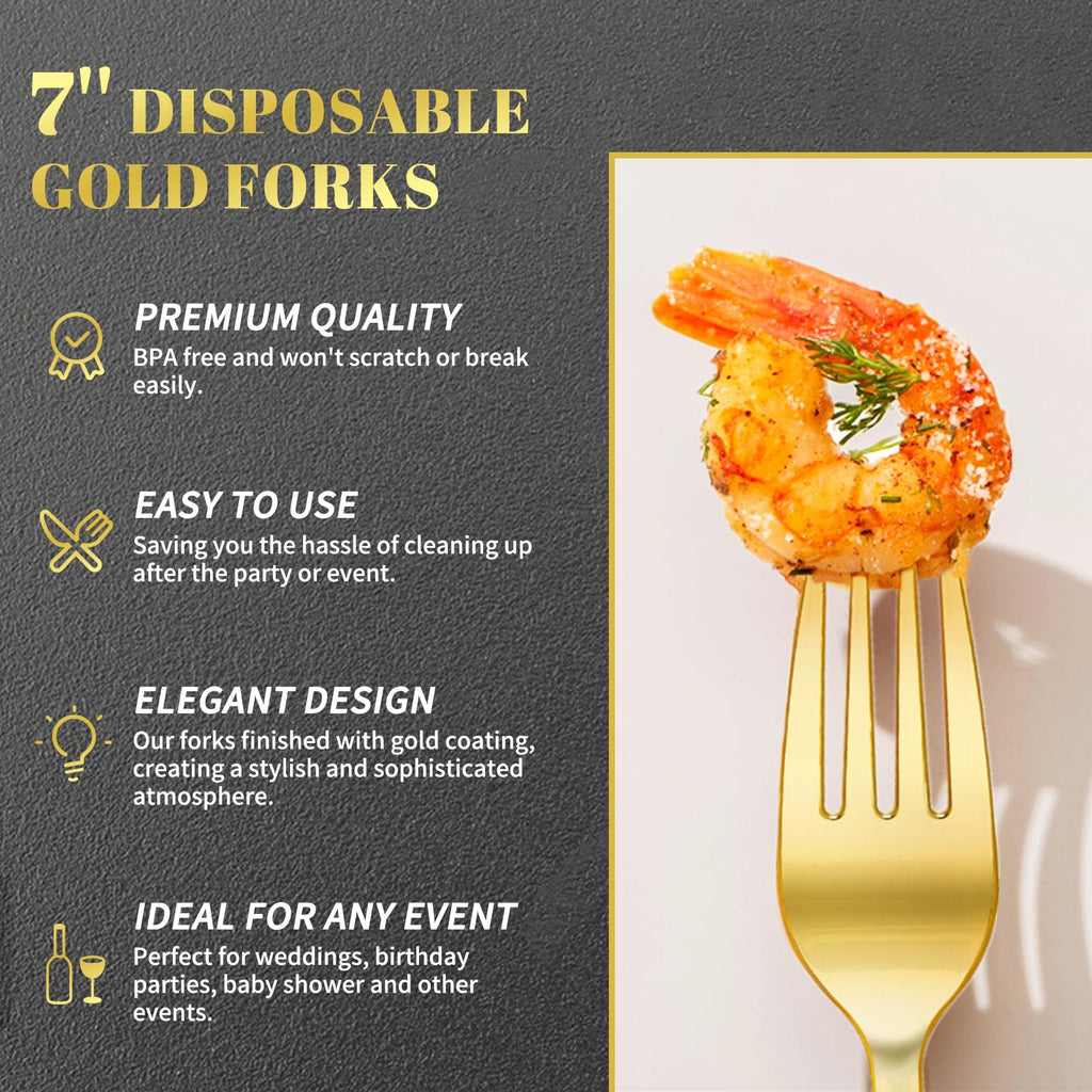 Jutieuo Gold Plastic Forks 7.4 Inch (100-Count) Exquisite Gold Forks Disposable Plastic Silverware Gold Plastic Cutlery for Parties, Weddings, Catering Events