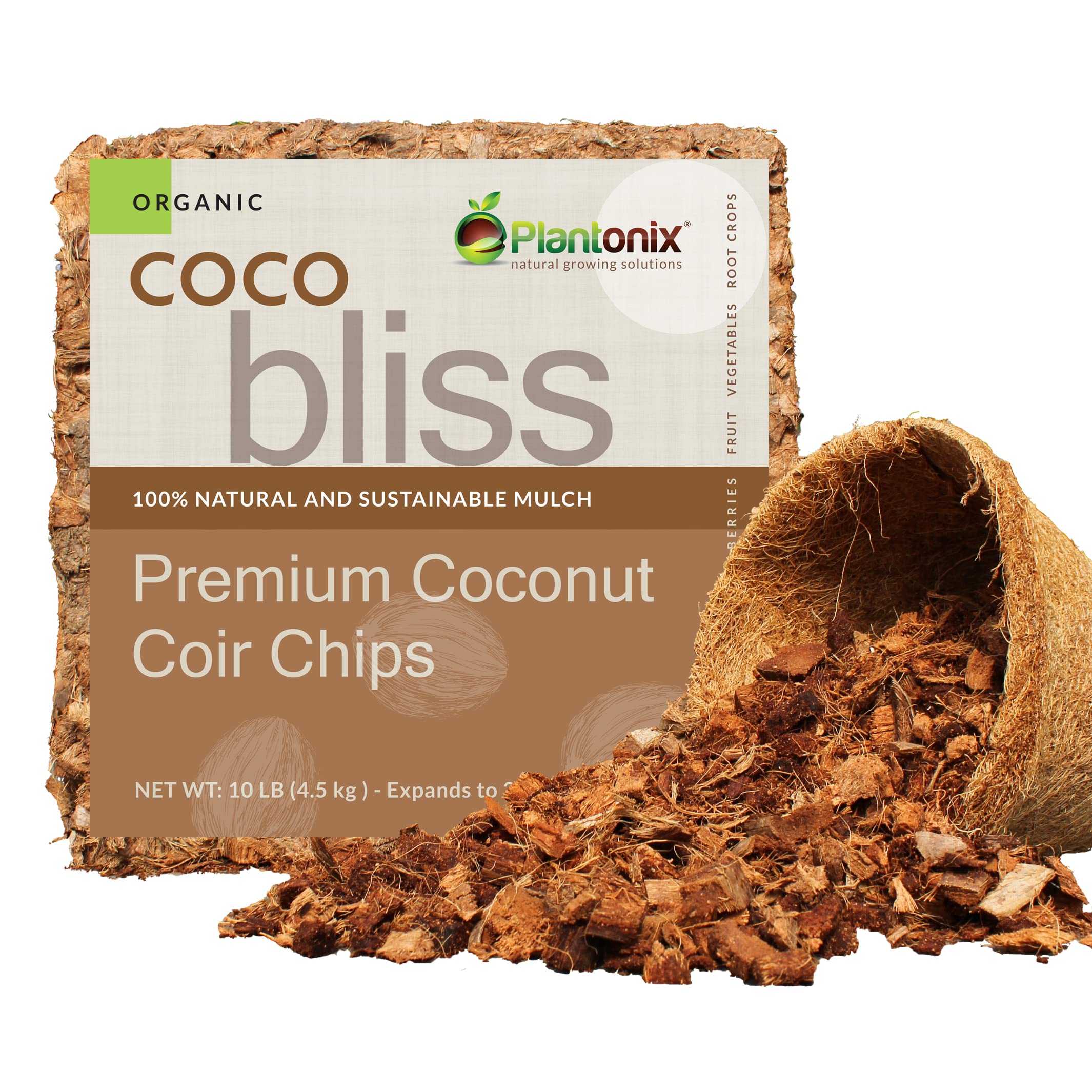 Coco Bliss Premium Coconut Coir Chips - 100% Organic Husk Chips - Low EC and pH for Plants (10 lbs)