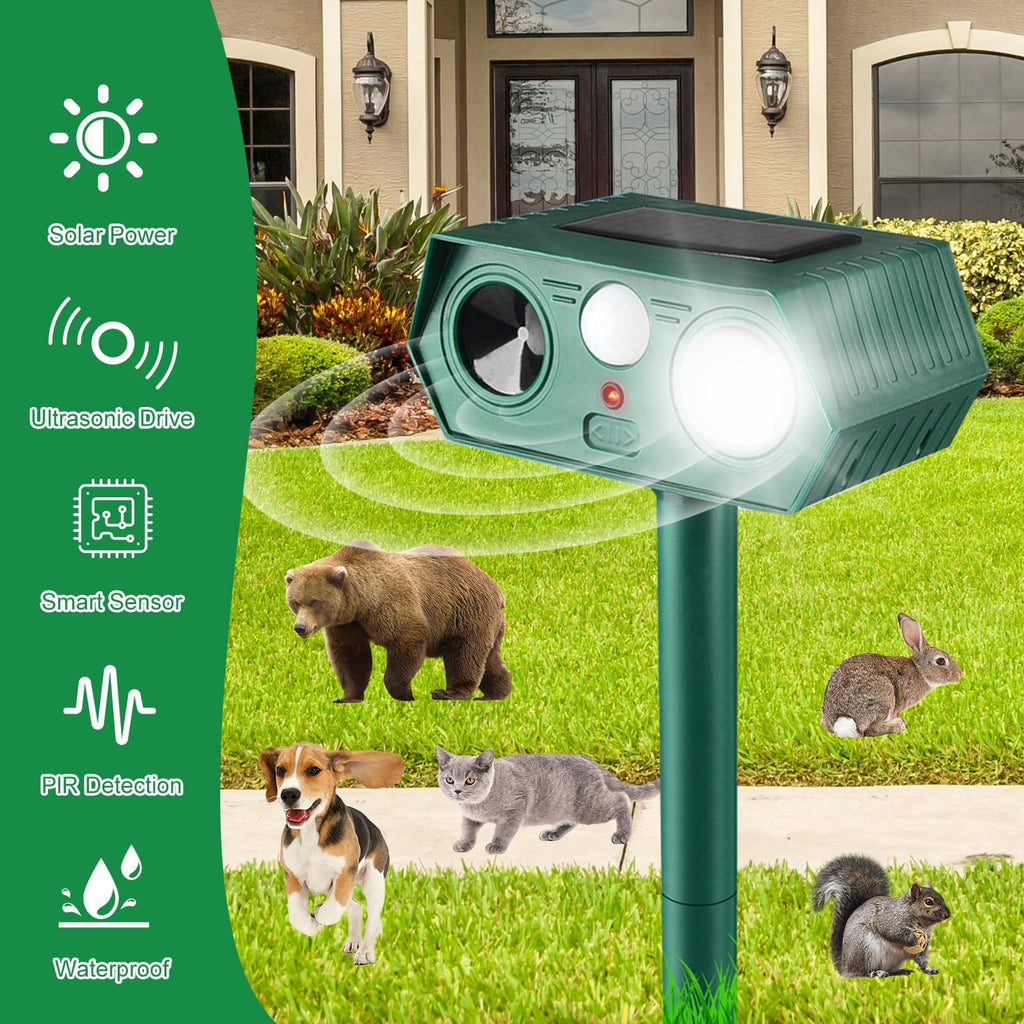2025 Solar Animal Repellent,Upgraded Ultrasonic Cat Repellent Outdoor,Waterproof Deer Deterrent for Bird Dog Skunk,Squirrels Deterrent with Motion Detection Flash Lights for Outdoor and Yard (2 Pack)