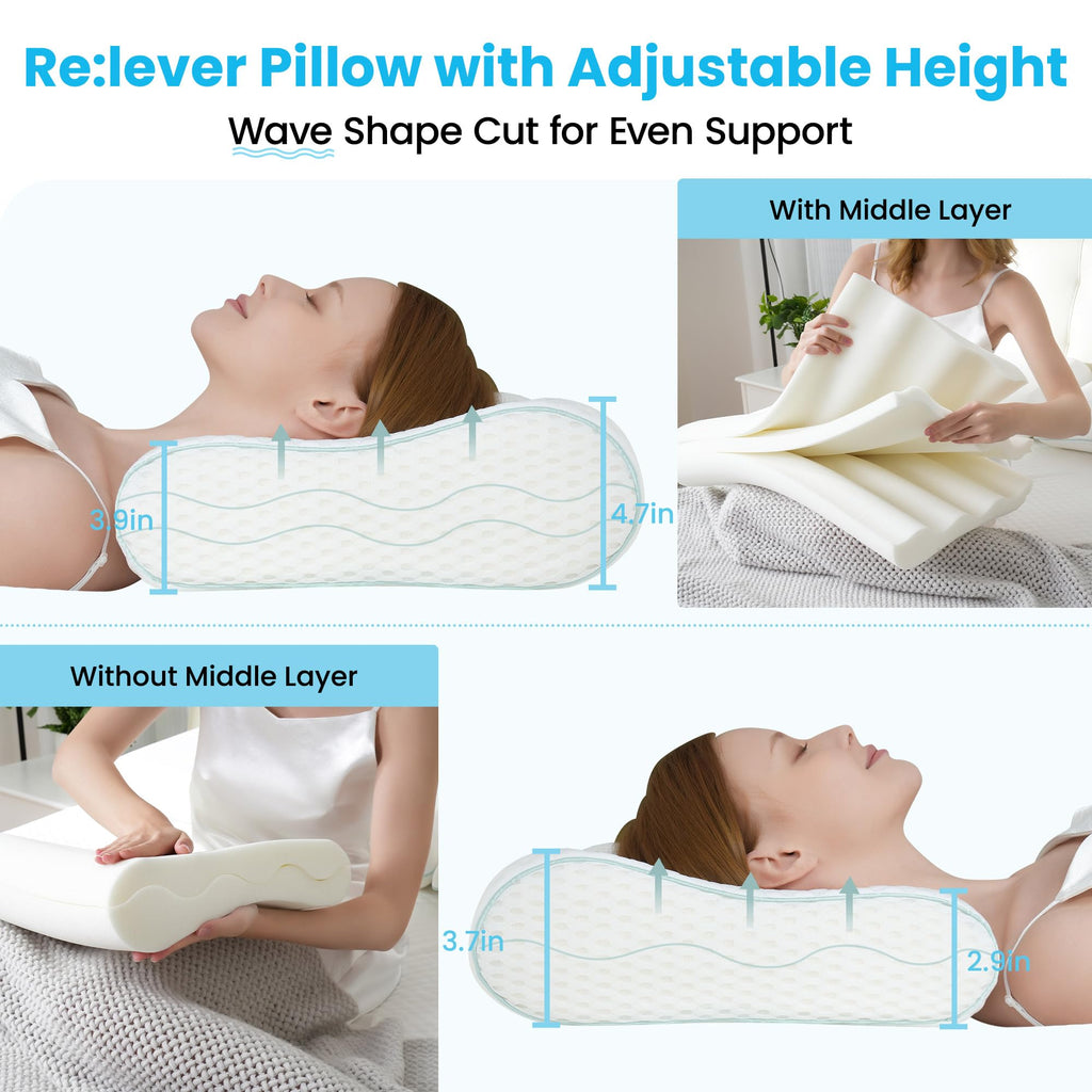 Releep Cervical Neck Pillow, Side Sleeper Pillow for Neck Pain Relief, Adjustable Contour Pillow for Sleeping, Ergonomic Memory Foam Pillow, Orthopedic Cooling Pillow Back Stomach Sleeping, Queen Size