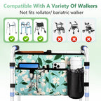 Rhino Valley Walker Bag, Multi Pockets Folding Walker Basket Tote Bag with Cup Holder, Hand-free Carry Pouch Storage Bag for Universal Walkers, Large Capacity Organizer for Seniors Elderly, Flower