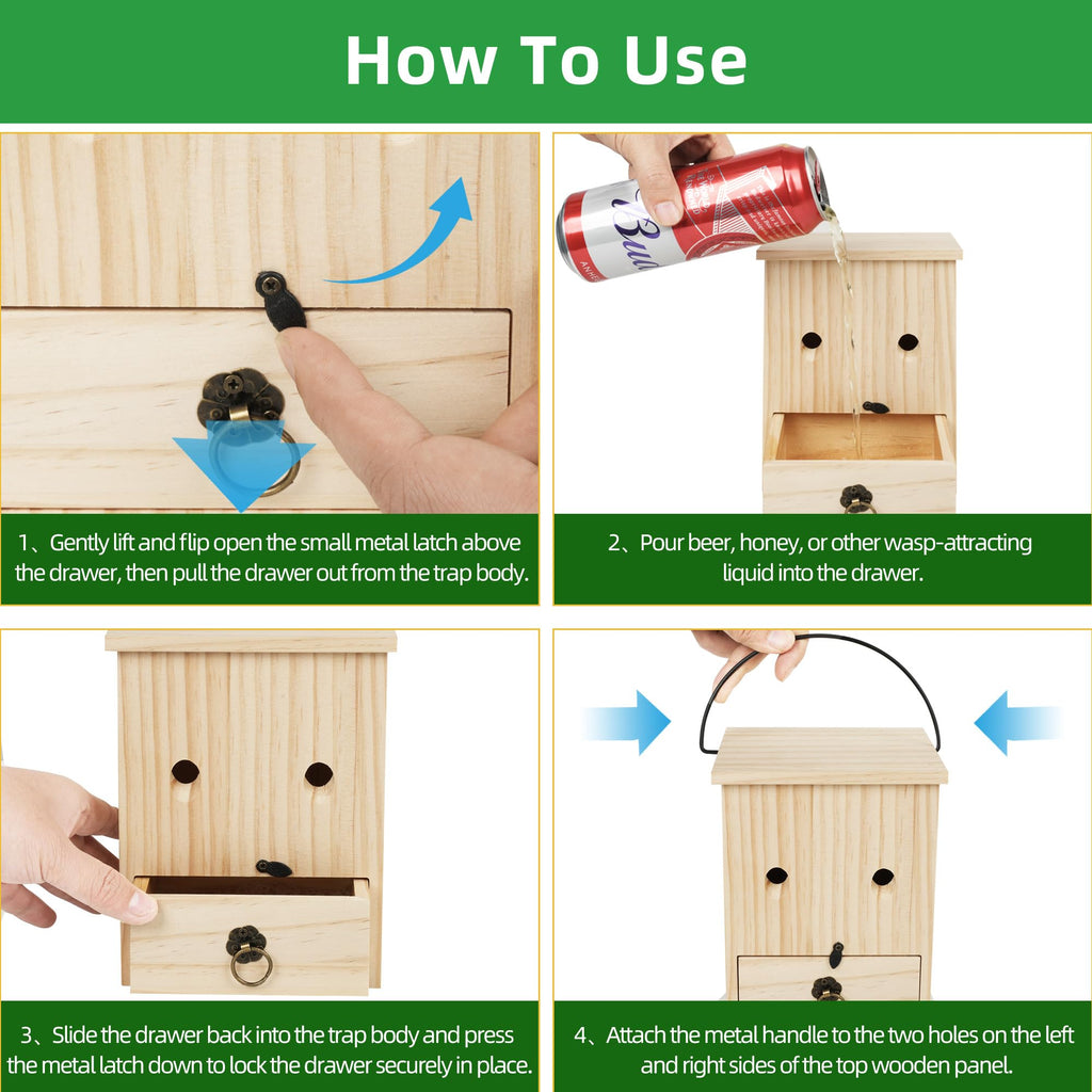 Carpenter Bee Traps for Outside 4PACK– Durable, Weather-Resistant, Eco-Friendly Wooden Wasp Trap for Outdoor Use
