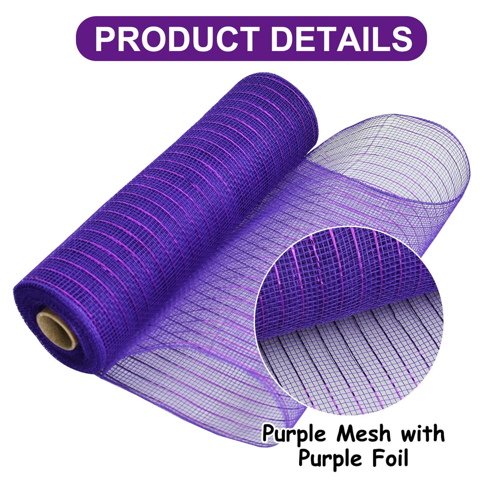 TONIFUL 2 Rolls 10 Inch Purple Decorative Mesh Ribbbon Rolls, Fabric Mesh with Foil for Mesh Wreath Supplies, Front Door Wreath Crafts Tree Decor Christmas NewYears Halloween Decoration (10 yds/roll)
