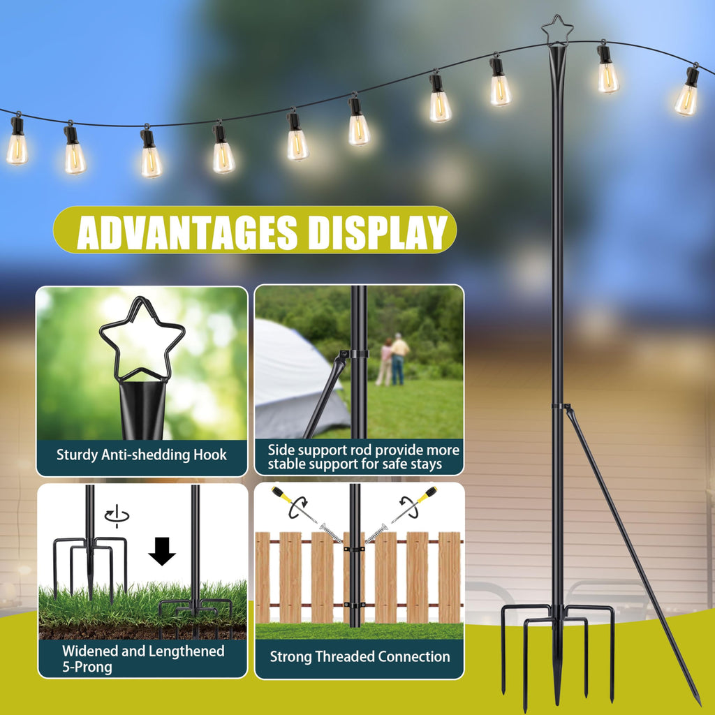 XDW-GIFTS String Light Pole - Steel Poles for Outdoor String Lights Hanging, Garden, Backyard, Patio Lighting Stand for Parties, Christmas, Wedding, 2 Pack