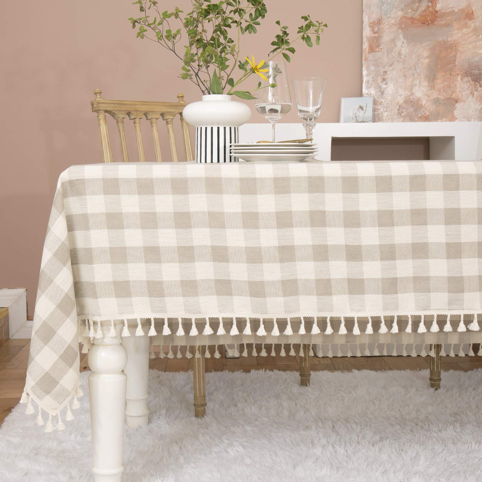 Midsummer Breeze Rustic Checkered Tablecloth, Cotton Gingham Rectangle Table Cloths for Kitchen Dining Restaurant Farmhouse Thanksgiving Christmas Décor(55x102”,Gray Khaki)