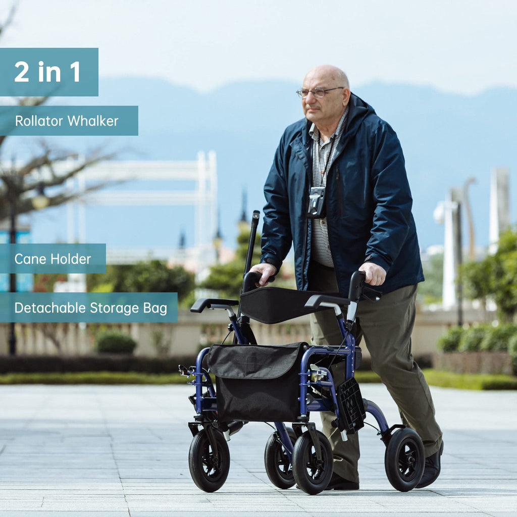 ELENKER All-Terrain 2 in 1 Rollator Walker & Transport Chair, Folding Wheelchair with All 10” Wheels for Seniors, Reversible Backrest & Detachable Footrests (Blue)