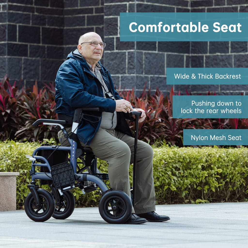 ELENKER All-Terrain 2 in 1 Rollator Walker & Transport Chair, Folding Wheelchair with All 10” Wheels for Seniors, Reversible Backrest & Detachable Footrests (Blue)