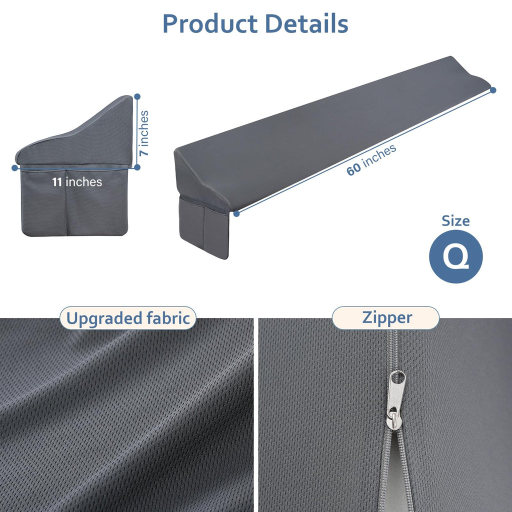 Vekkia Queen Bed Wedge Pillow for Headboard Gap Filler(0-7"),High-Density Foam,Prevents Pillows & Items from Falling,Ergonomic Design,Large Storage Pockets, Removable&Washable Cover,Gray,60''x7''x11''
