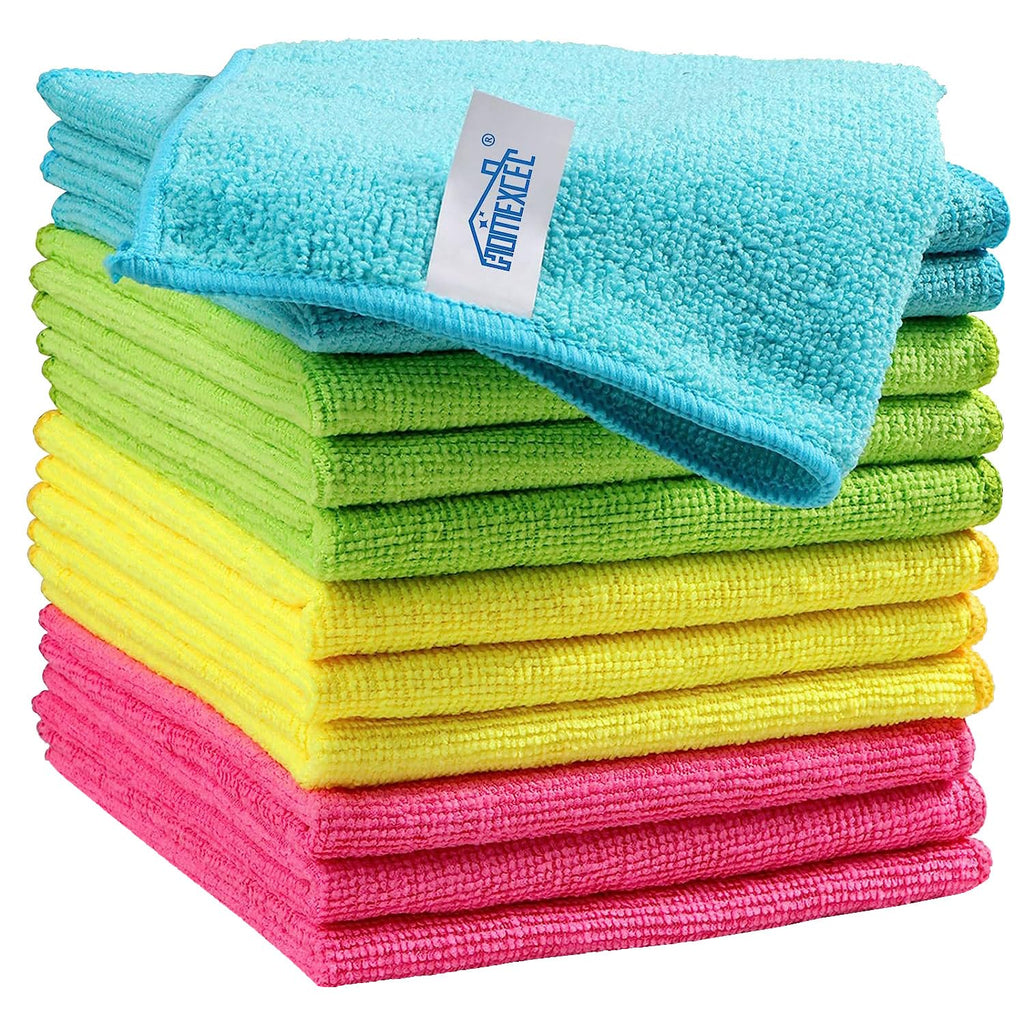 HOMEXCEL Microfiber Cleaning Cloth 210GSM, Pack of 12, Size:11.5" x 11.5", Ultra-Soft, High-Density Non-Abrasive Cleaning Towels for Cars, Glass, Kitchen, Reusable Rags, Blue/Green/Yellow/Pink