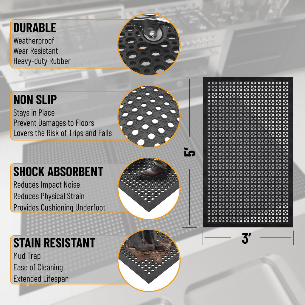 Ottomanson Heavy Duty Rubber Floor Mat – Non-Slip, Waterproof, Easy to Clean – Anti-Fatigue Mat for Commercial Kitchens, Restaurants, Workshops – Oil Resistant, Hose Washable – 36" x 60", Black