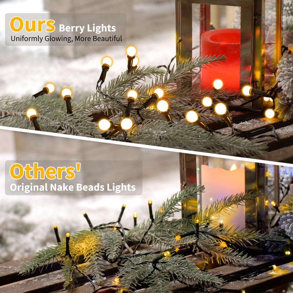Brizled LED String Lights, 66ft 200 LED Warm White Berry String Lights, 8 Modes Christmas lights with Remote, Globe String Lights Plugin, Dimmable Xmas Tree Lights for Indoor Outdoor Patio, Green Wire