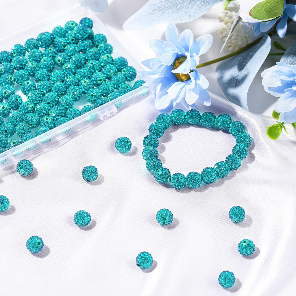 Hicarer 120 Pcs Rhinestone Beads for Jewelry Making 10mm Shiny Crystal Diamond Clay Beads Disco Ball Polymer Clay Round Bead Bulk for Crafting DIY Bracelet Necklace Earring Christmas(Lake Blue)