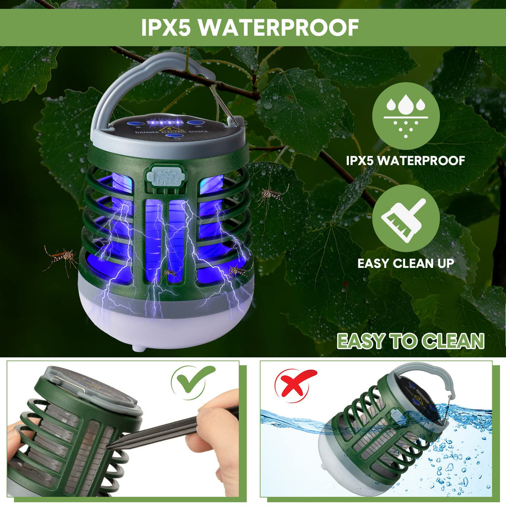 2 Pack 3 in 1 Bug Zapper USB Rechargeable Mosquito Killer Portable Waterproof Mosquito Repellent Outdoor Indoor LED Lantern Bug Zapper Camp Light SOS Emergency Light for Home, Backyard, Patio (Green)