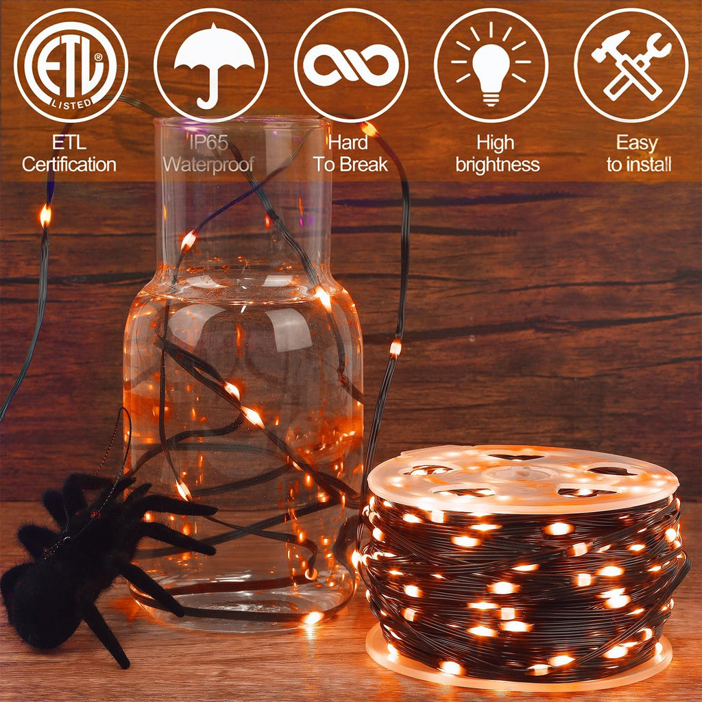 WATERGLIDE Extra Long 328 FT Halloween Lights, 1000 LED Outdoor Fairy String Lights, Green PVC Copper Wire Christmas Lights, Plug in 8 Modes & Waterproof for Tree Party Home Yard Decor, Orange