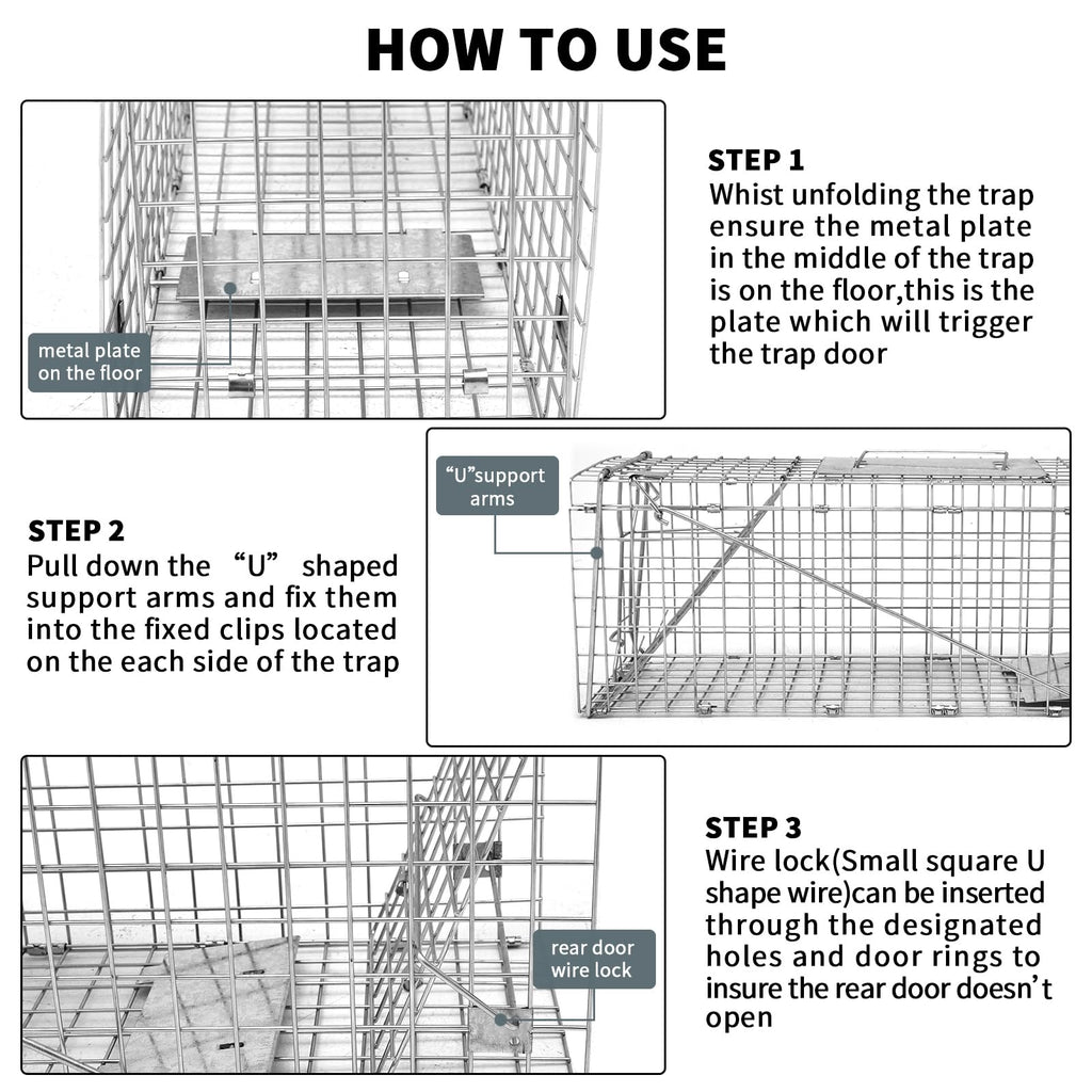 Qualirey 2 Pack 24'' Live Animal Trap Cage Cat Trap Cage Foldable Steel Humane Catch and Release Animal Trap for Groundhog Squirrel Raccoon Mole Gopher(Silver, 24.41 x 7.09 x 8.27 Inch)